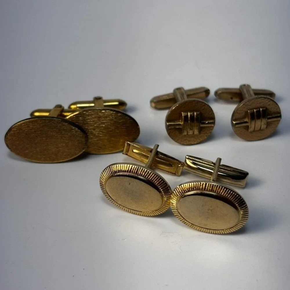 Vintage Cuff Links Lot Gold Tone Oval Round Mid Century Hickok